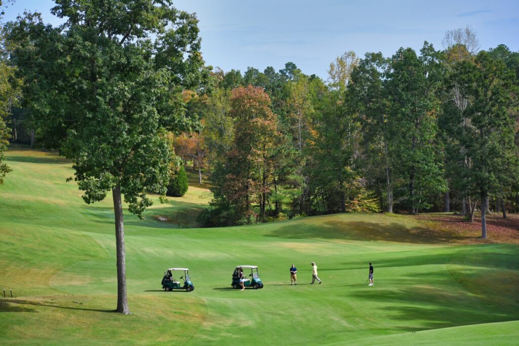 a golf course with green grass field and trees